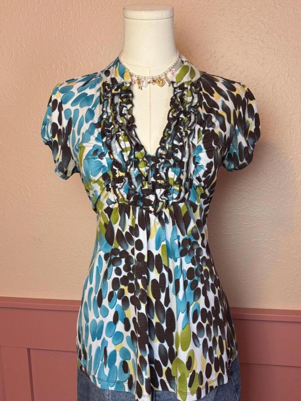 HeartSoul ruffle tie back top sz medium blue green 2000s vintage